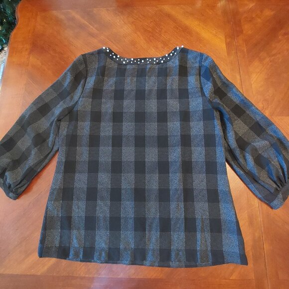 Karl Lagerfeld Paris Black & Grey Plaid top with Pearl Detailing - Picture 12 of 16
